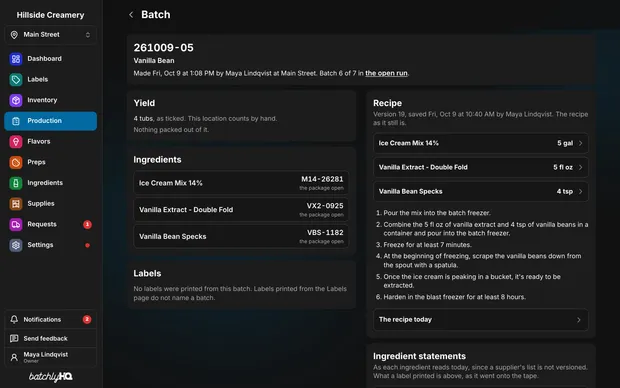 A batch's own page: its code, its flavor, when it was made, and its lots