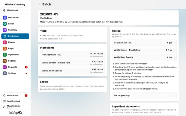 A batch's own page: its code, its flavor, when it was made, and its lots