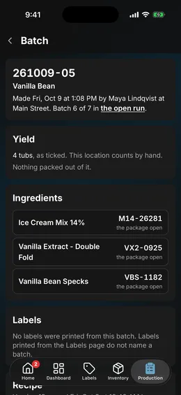 A batch's own page: its code, its flavor, when it was made, and its lots