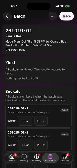 A batch's page: its code, its flavor, when it was made, and the lot of each ingredient
