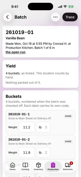 A batch's page: its code, its flavor, when it was made, and the lot of each ingredient