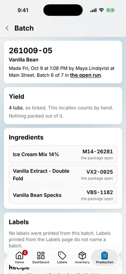 A batch's own page: its code, its flavor, when it was made, and its lots