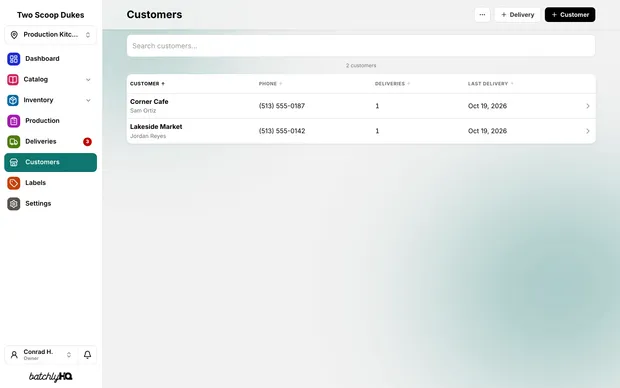 The Customers page: each wholesale customer and its last delivery