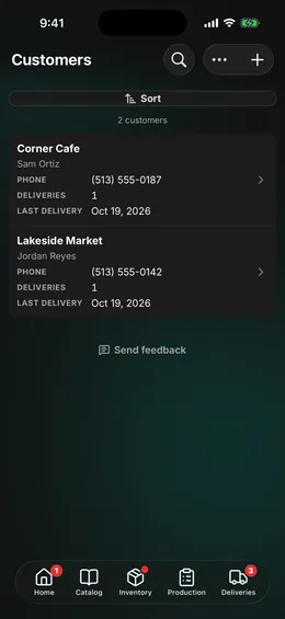 The Customers page: each wholesale customer and its last delivery