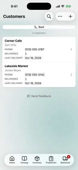 The Customers page: each wholesale customer and its last delivery