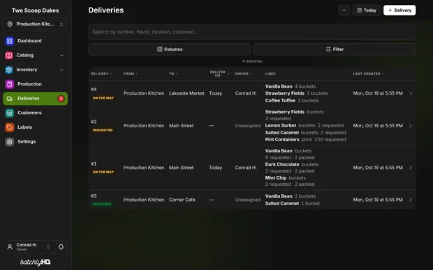 The Deliveries page: every delivery with its state, its day, and its driver