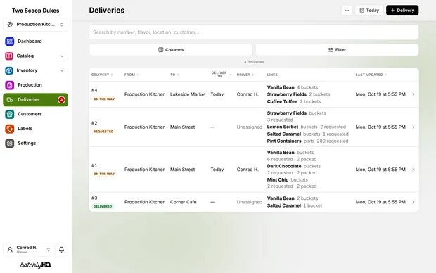 The Deliveries page: every delivery with its state, its day, and its driver