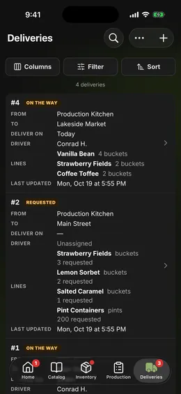 The Deliveries page: every delivery with its state, its day, and its driver