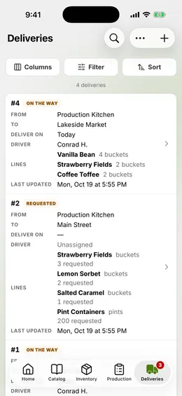 The Deliveries page: every delivery with its state, its day, and its driver