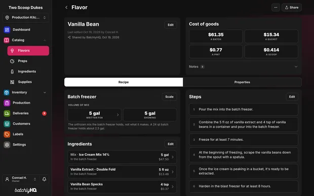 A flavor's page: its recipe on its mix, and what a batch, a bucket, a pint, and a scoop cost