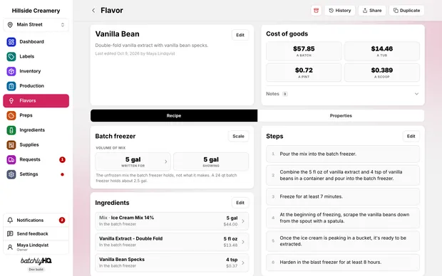 A flavor's page: its recipe on its mix, and what a pint and a bucket cost