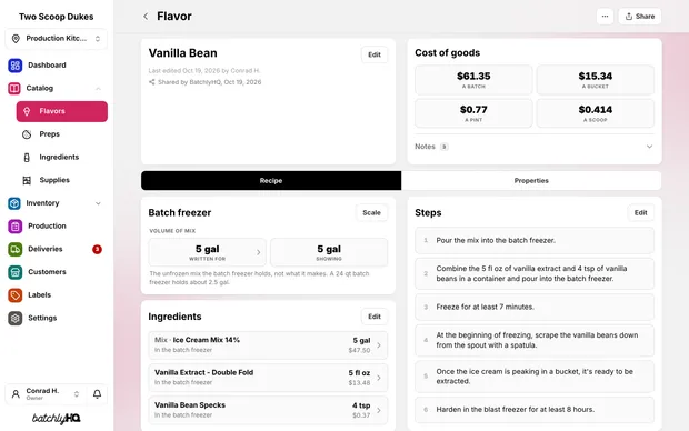 A flavor's page: its recipe on its mix, and what a batch, a bucket, a pint, and a scoop cost