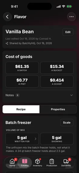A flavor's page: its recipe on its mix, and what a batch, a bucket, a pint, and a scoop cost