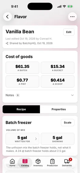 A flavor's page: its recipe on its mix, and what a batch, a bucket, a pint, and a scoop cost
