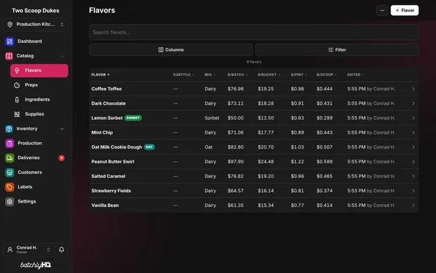 The Flavors page: each flavor's mix and its cost for a batch, a bucket, a pint, and a scoop