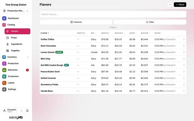 The Flavors page: each flavor's mix and its cost for a batch, a bucket, a pint, and a scoop
