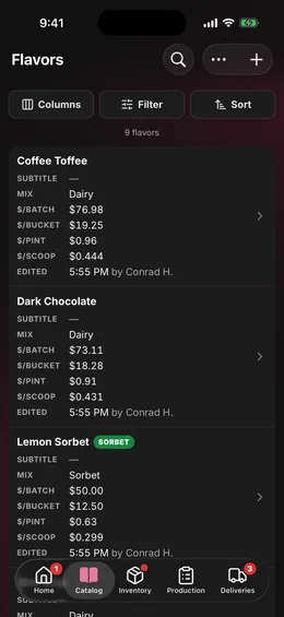 The Flavors page: each flavor's mix and its cost for a batch, a bucket, a pint, and a scoop