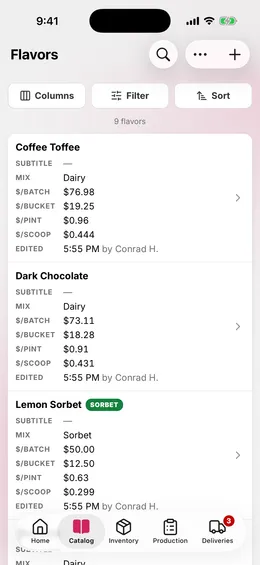 The Flavors page: each flavor's mix and its cost for a batch, a bucket, a pint, and a scoop