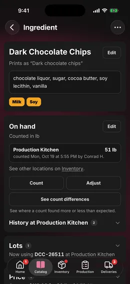 An ingredient's page: its price, its allergens, and what is on hand