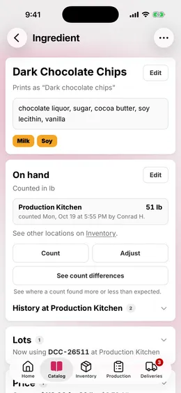 An ingredient's page: its price, its allergens, and what is on hand