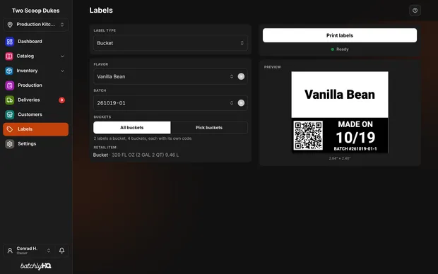 The Labels page: a bucket label for a flavor, with its allergens and batch code