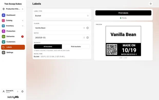 The Labels page: a bucket label for a flavor, with its allergens and batch code