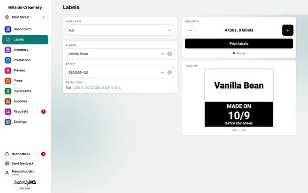 The Labels page: a bucket label for a flavor, with its allergens and batch code